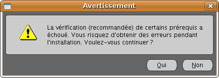 Installation d'Oracle : étape 5 - boite d'alerte