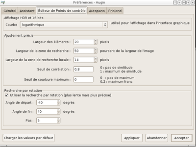 Préférences Hugin - onglet Editeur de points de contrôle