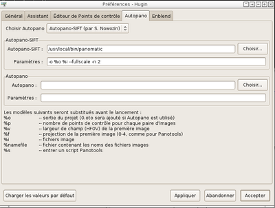 Préférences Hugin - onglet Autopano